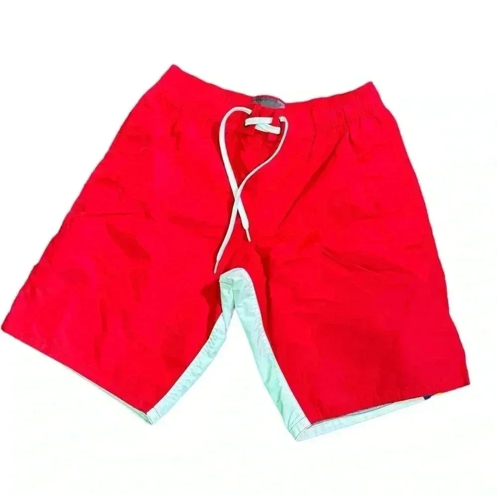Old Navy Men's Medium Red White Lined Swim Trunks with Pockets Beachwear